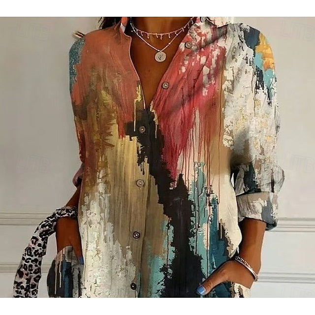 Women's Shirt Patchwork Buttons Print Graphic Geometric