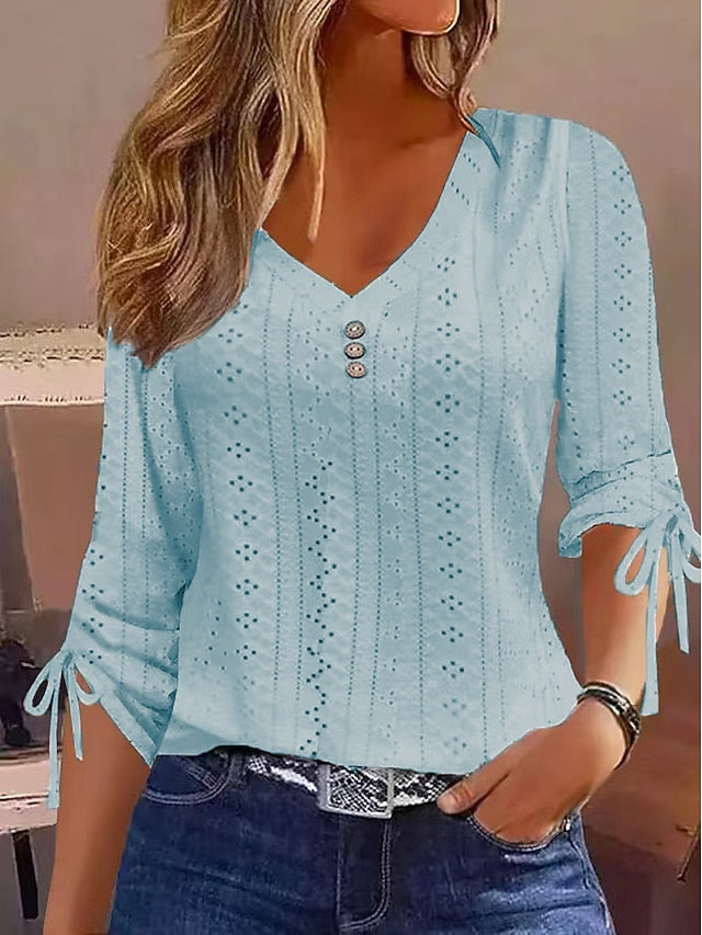 Women's T Shirt Eyelet top Dressy Tops Buttons Plain