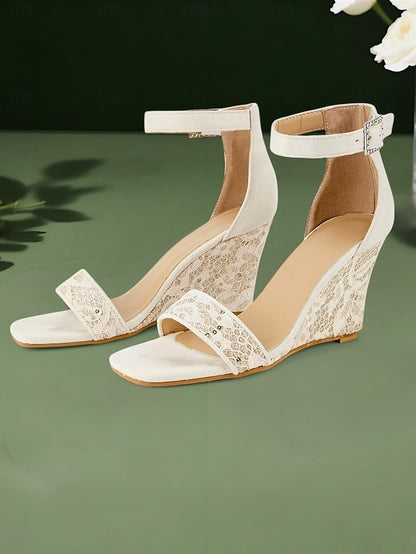 Sandals Stylish Strap for Women White Heel Lace Ankle Wedge –