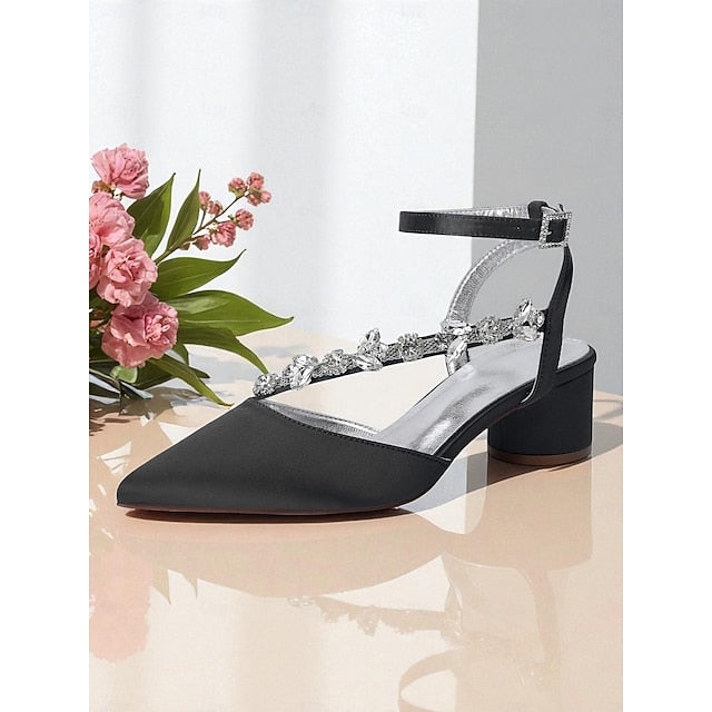 Block Pumps Heel Purple with Satin Rhinestone Women's