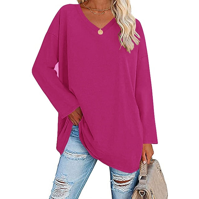 Women's T Shirt Plain Basic Long Sleeve V Neck Regular Tops