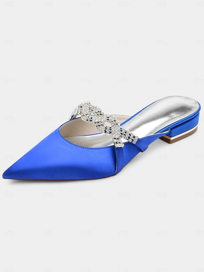 Pointed-Toe - Detailing with Mule Blue Heels Satin Rhinestone