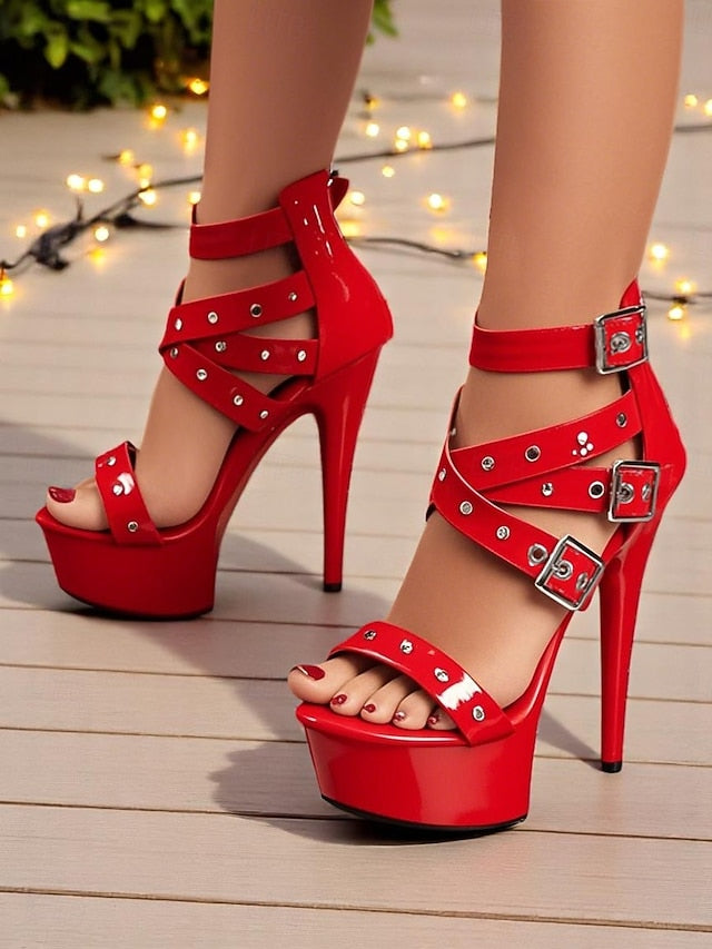 Women's High Platform Buckled White and Straps Heels with