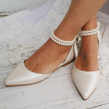 White Bridal Strap Elegant Flats Women's Pearl Ankle –