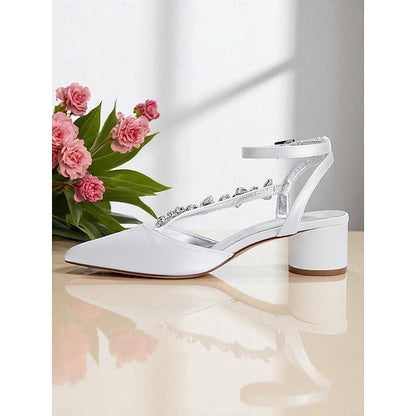 Block Pumps Heel Purple with Satin Rhinestone Women's