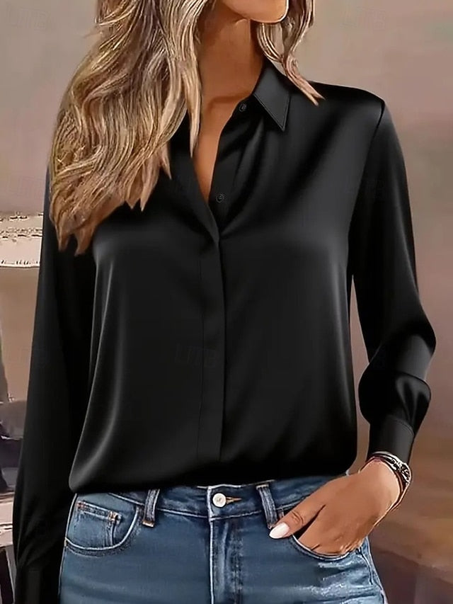 Women's Shirt Elegant Dressy Satin Top Buttons Plain
