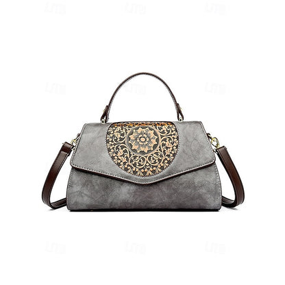Floral – Faux Vintage Engraved Handbag Leather Women's