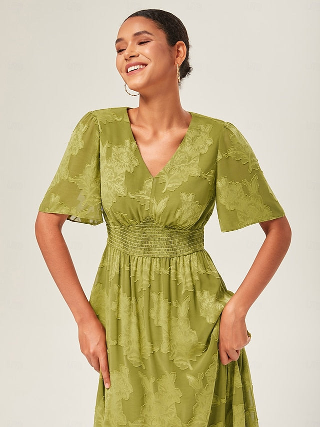 Women's Elegant Dress Green Short Sleeve Jacquard Jacquard