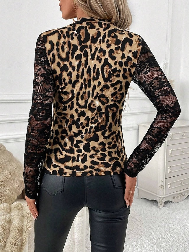Women's Blouse Lace Patchwork Solid Color Leopard Stylish