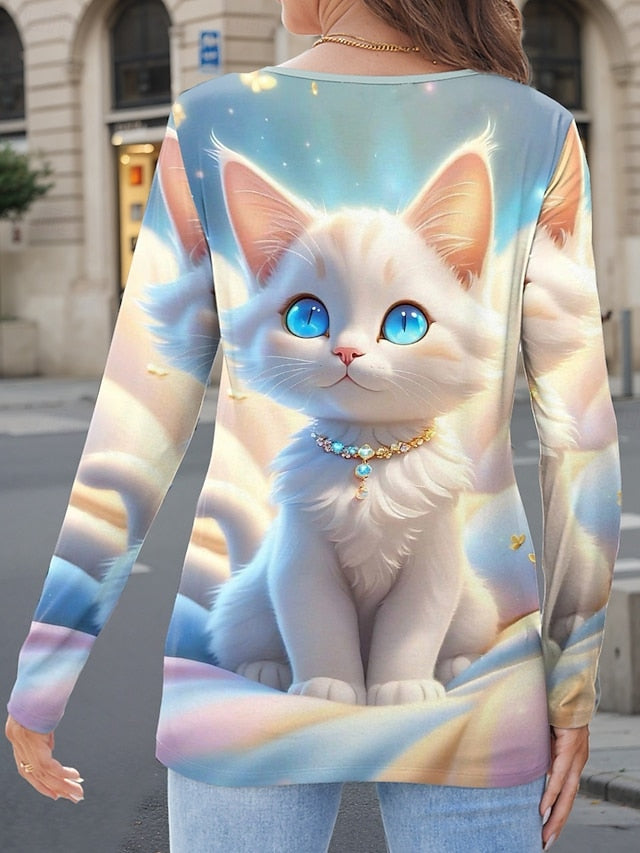 Women's T Shirt Print Cat Casual Long Sleeve Notched Neck