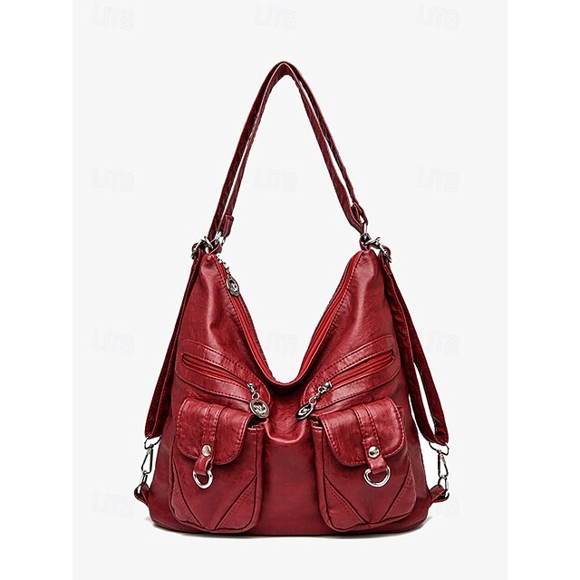 Brown Leather Women's Bag Multiple Faux Pockets with Hobo