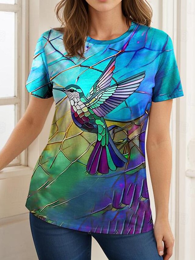 Women's T shirt Round Neck Stained Glass Hummingbird Print