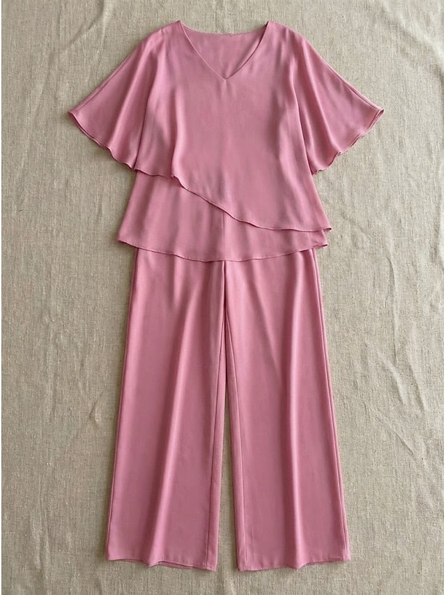 Women's Blouse Wide Leg Pants 3/4 Length Sleeve V Neck