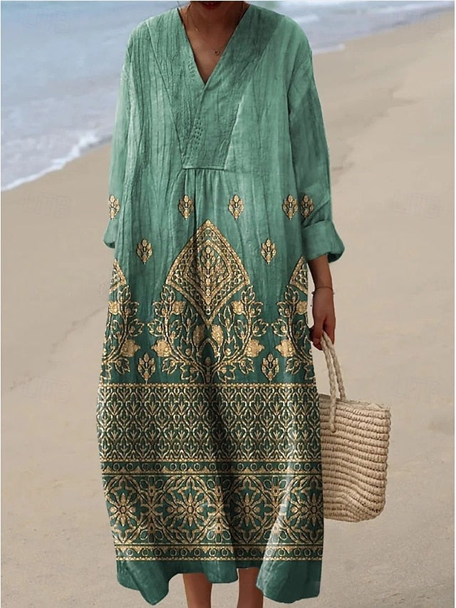Women's Midi Dress V Neck Long Sleeve Kaftan Lightweight
