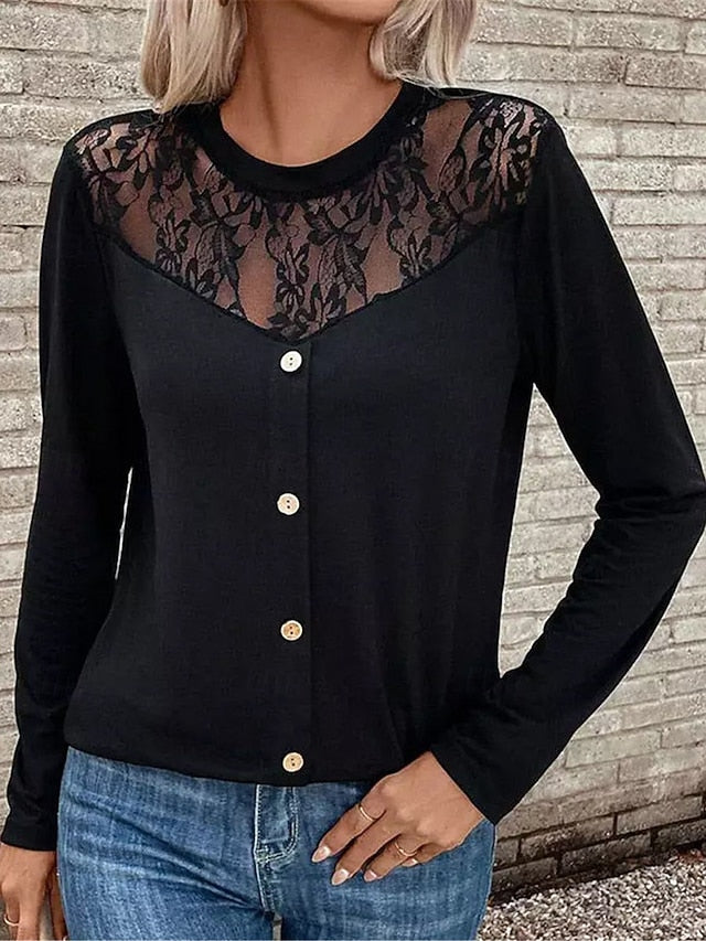 Women's Elegant Lace Tops Eyelet Sexy Blouse Casual Solid
