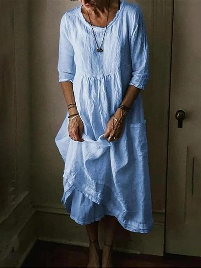 Women's Blue Black Green Summer Spring Midi Dress Faux