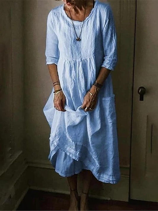 Women's Blue Black Green Summer Spring Midi Dress Faux