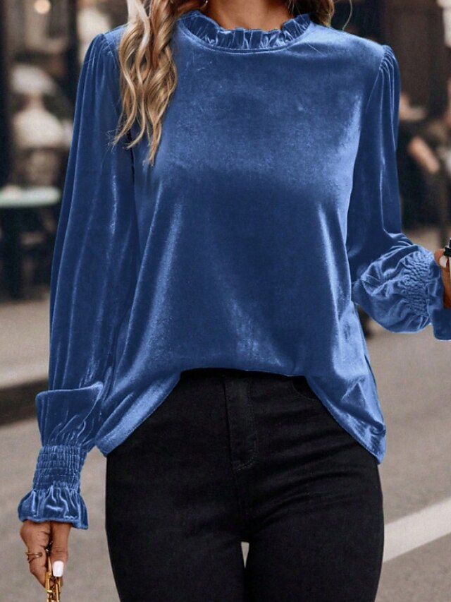 Women's Velvet Elegant Dressy Blouse Ruched Plain Vintage