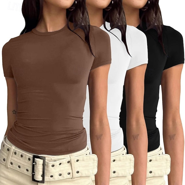 Multi Packs 3pcs Female Crew Neck Short Sleeve Black+white+grey