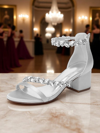 Satin Heel Block Sandals - Purple Women's Crystal