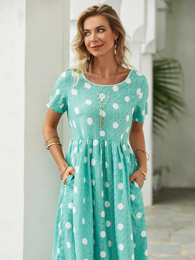 Women's Midi Dress Floral Polka Dot Pocket Print Crew Neck