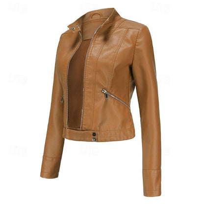 Faux Zipper Jacket Pocket Leather Women's Comfortable