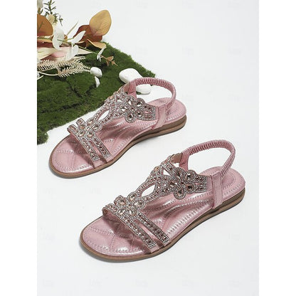 Boho Silver – Rhinestone Sandals Flat T-Strap Women's