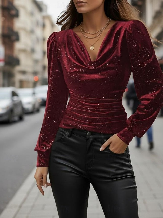 Women's Shirt Elegant Satin Top Blouse Ruched Solid Color