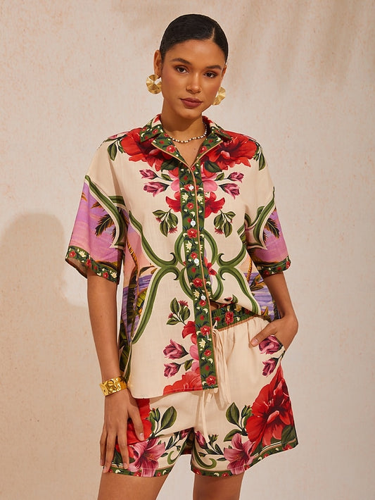 Hawaii Palm Airy Linen Look Floral Shirt