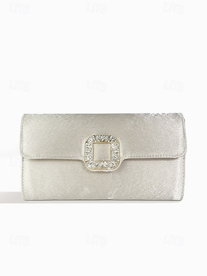 Buckle Women's Satin with Rhinestone Elegant White Clutch -