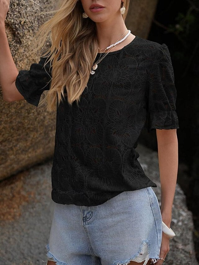 Women's T Shirt Lace Patchwork Plain Fashion Stylish
