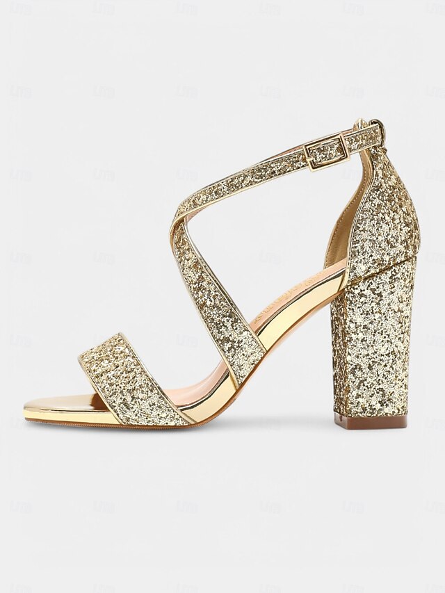 Gold Glitter Women's Heel Sandals Block