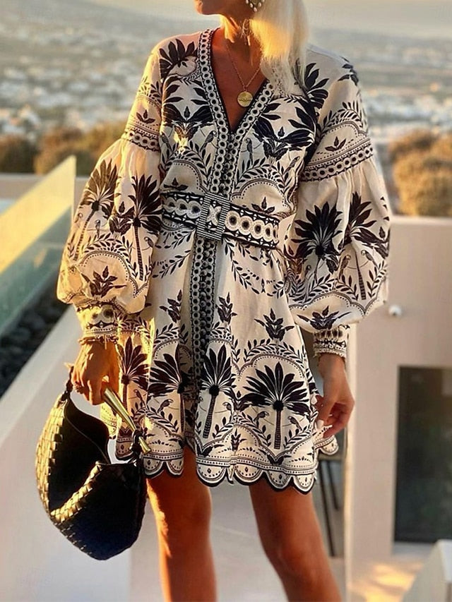 Women's Floral V Neck Mini Dress Long Sleeve Summer Spring