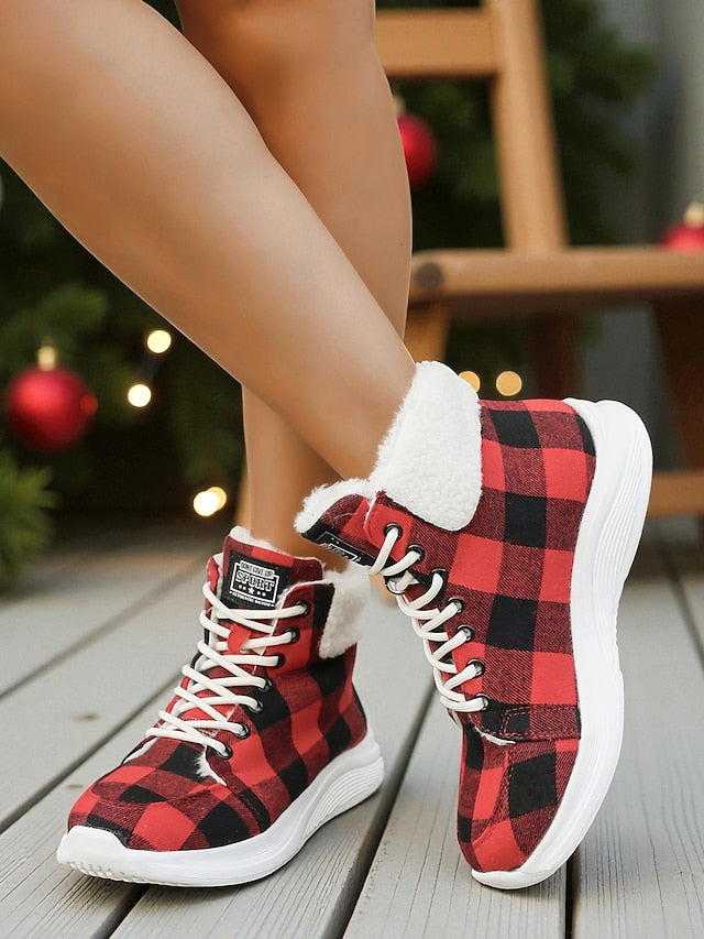 Women's Red Plaid Christmas Lace-up Booties with Faux Fur