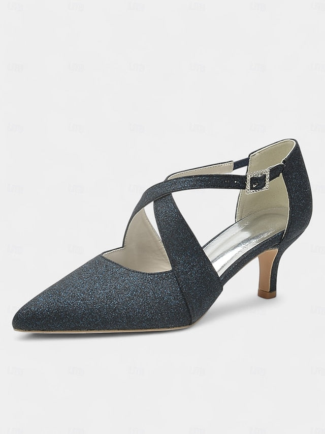 with Cross Heels Strap Buckle Kitten Glitter Rhinestone White