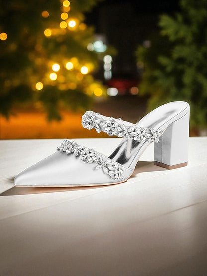 Black Satin Women's Rhinestone Mules Floral with Block Heel