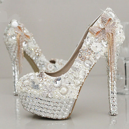 Rhinestone Embellished Platform White and Pearl Women's