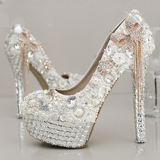 Rhinestone Embellished Platform White and Pearl Women's