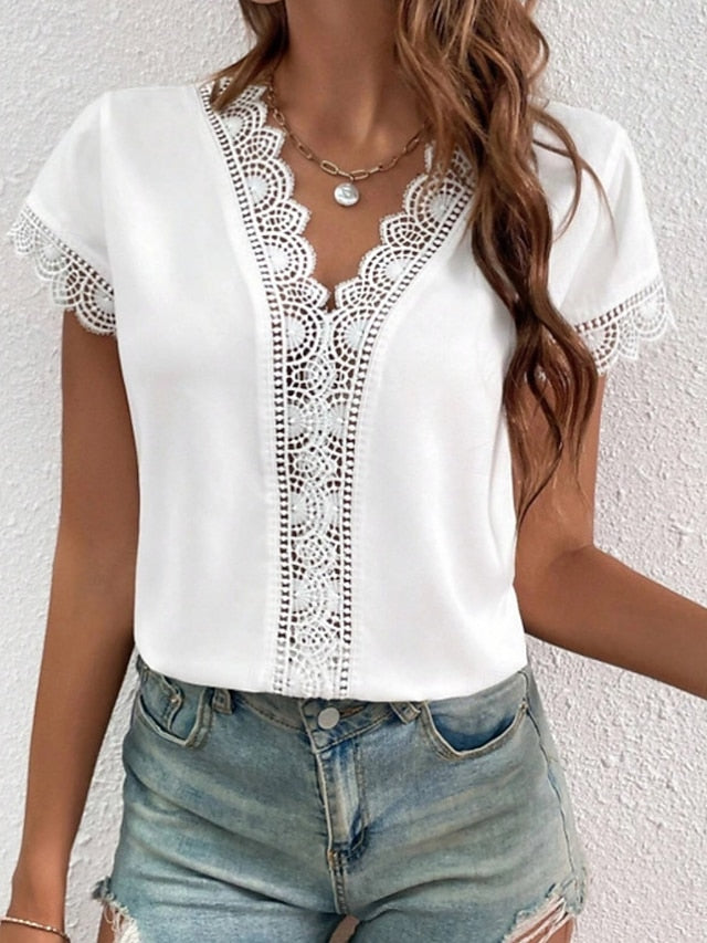 Women's T Shirt Lace T-shirt Tee Top Lace Patchwork Plain
