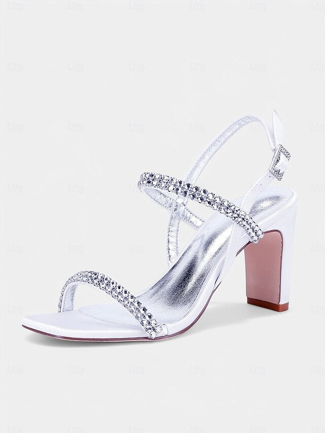 – Bridal Women's Heel Rhinestone Prom Sandals Block White