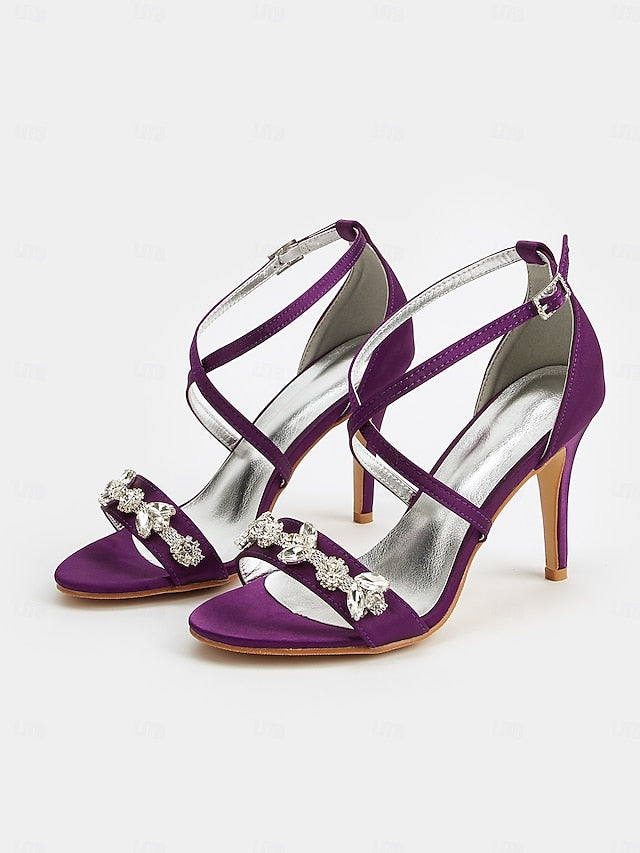 with Women's Stiletto Rhinestone Straps Heels Purple Satin