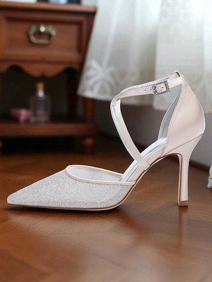 Silver Heels Elegant Ankle Women's Stiletto Glitter Strap -
