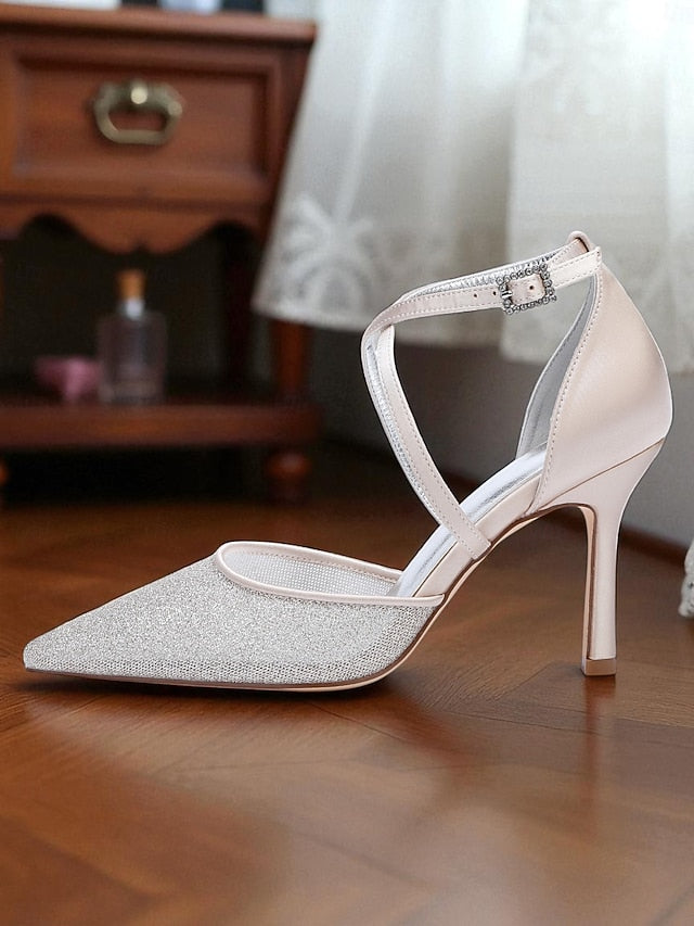 Silver - Women's Strap Heels Glitter Ankle Elegant Stiletto