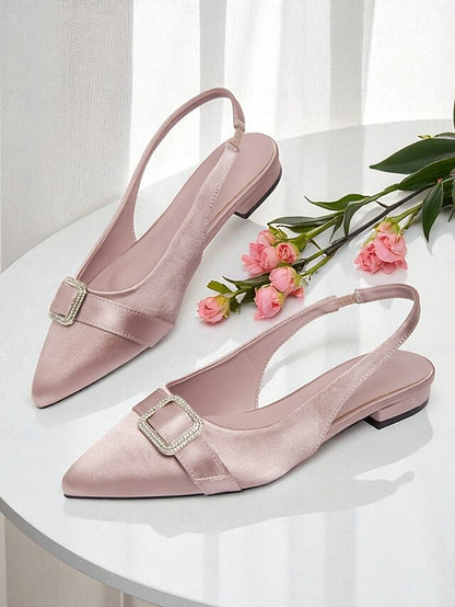 Buckle with Women's Rhinestone Pink Satin Flats Slingback
