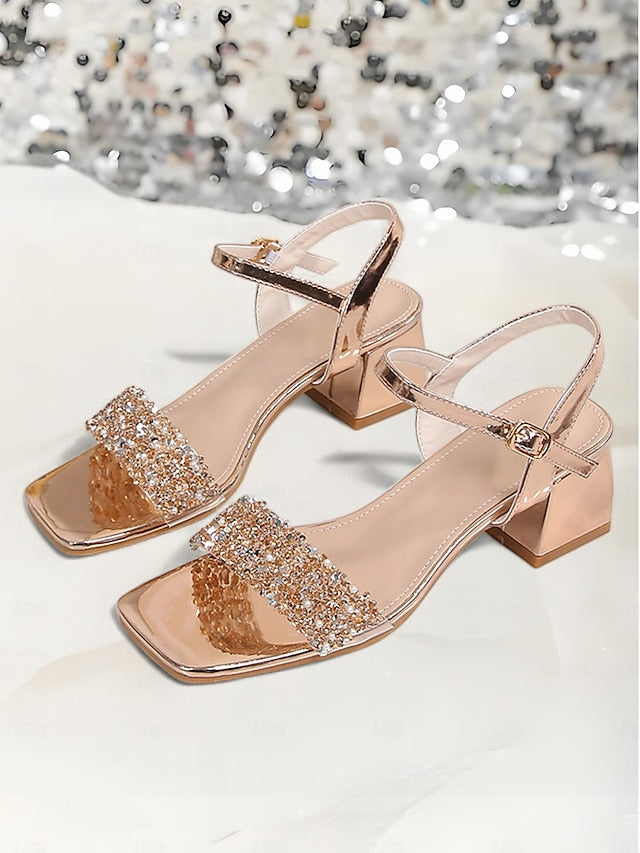 – for Gold Women Elegant Block Heel Wedding Rhinestone Sandals