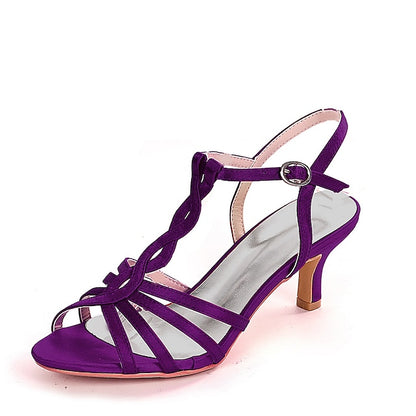 – Purple Elegant Women's Sandals Strappy Satin Mid-Heel