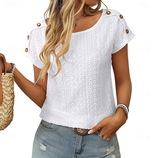 Women's T Shirt Eyelet Embroidery T Shirts Patchwork Eyelet