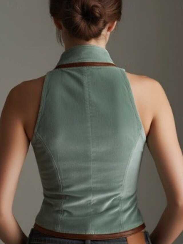 Women's Blouse Sleeveless Shirt Buttons Color Block Stylish