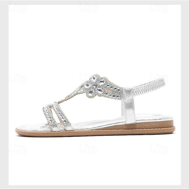 Boho Silver – Rhinestone Sandals Flat T-Strap Women's