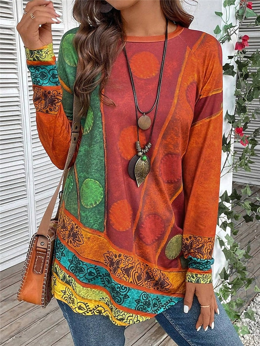 Women's T shirt Long Sleeve Vintage Ethnic Casual Print